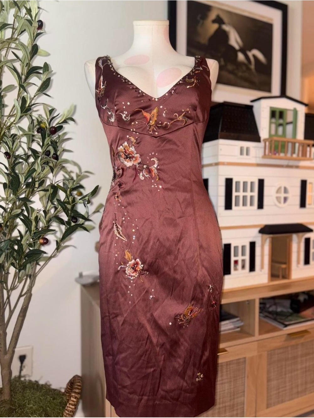 Mandalay Vintage Y2K Brown Satin Embroidered Midi Cocktail Dress Sz 8